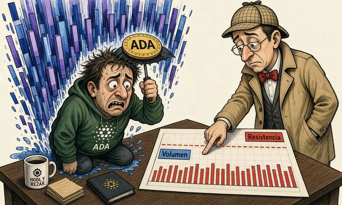A cartoon illustration showing a distressed man in an ADA hoodie sheltering under an ADA coin umbrella, while another figure points at a chart labeled "Volumen" and "Resistencia."