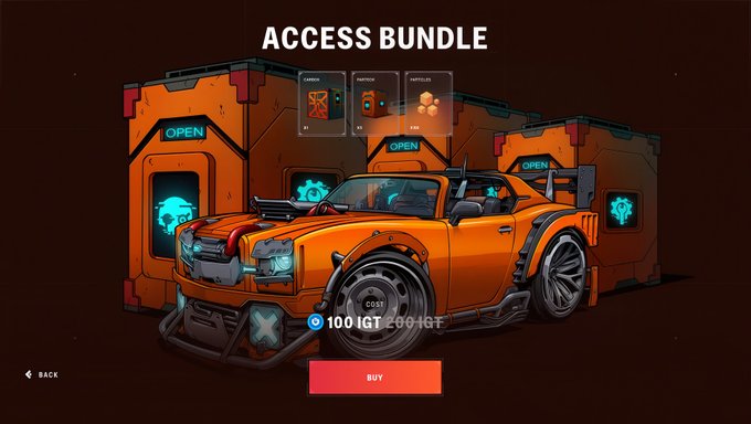 A video game store screen displaying an "ACCESS BUNDLE" featuring an orange sports car, crates, and items like cannon, mortar, and particles for 100 IGT, with a red BUY button.