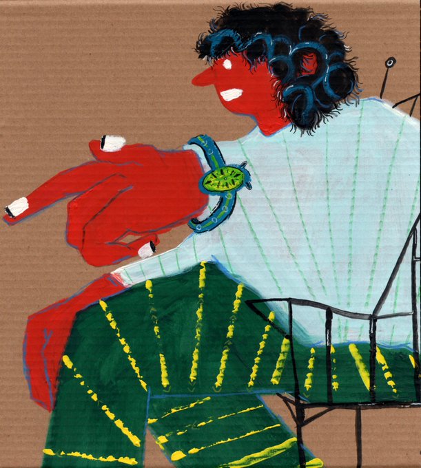 A vibrant acrylic painting on cardboard depicts a red-skinned figure with wild dark curly hair, wearing a striped shirt and green-striped pants, seated in a black wire chair and holding up a wrist adorned with a green-faced watch. The bold, expressive artwork uses bright contrasting colors and loose brushwork to convey an emotional, almost confrontational presence, complementing the personal, grateful tone of the message about a commissioned piece.