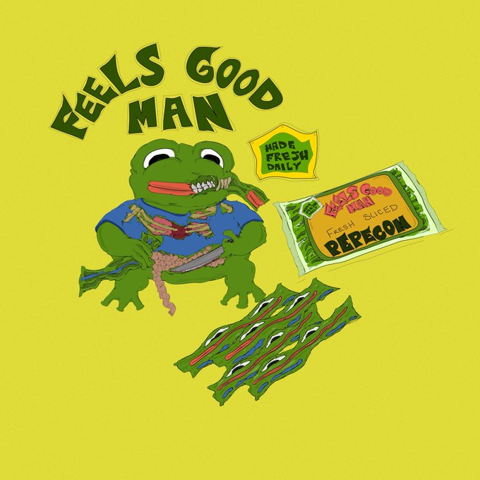 Cartoon-style illustration of a green frog character wearing a blue shirt eating, labeled 'FEELS GOOD MAN,' with a 'MADE FRESH DAILY' sign and a 'FEELS GOOD MAN FRESH SLICED RAPECOM' package alongside bacon strips on a yellow background.