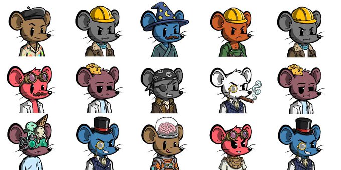 A grid of 15 colorful, cartoon-style anthropomorphic mouse characters in various outfits and occupations (including a chef, wizard, pirate, and scientist), serving as a vibrant NFT collection showcase for a giveaway promotion by @Pucecollection.