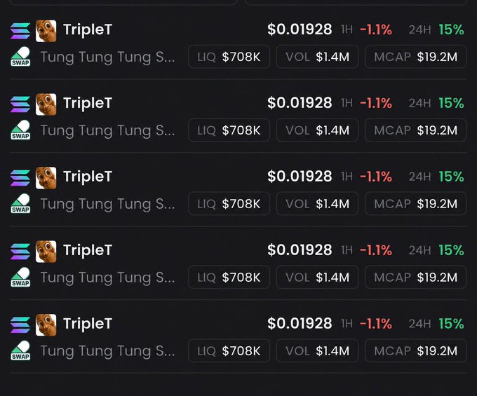 A cryptocurrency price tracker showing five identical entries for the token 'TripleT' (Tung Tung Tung S...) priced at $0.01928, with -1.1% 1H and 15% 24H change, $708K LIQ, $1.4M VOL, and $19.2M MCAP.