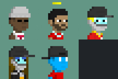 A pixel art image showing five different character sprites with varying skin tones, hats, and features arranged in two rows.