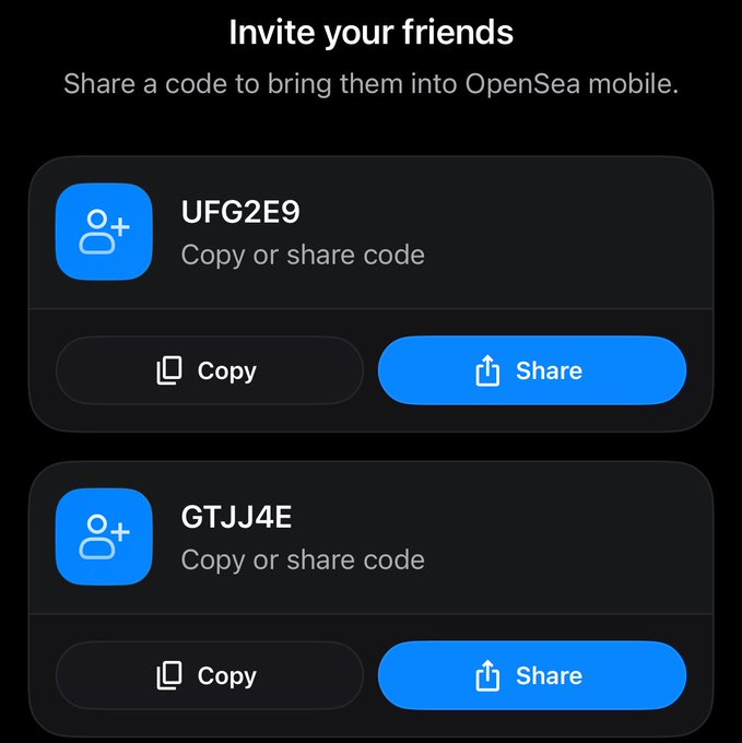 A mobile app screen titled 'Invite your friends' for OpenSea mobile, showing two shareable invite codes: 'UFG2E9' and 'GTJJ4E', each with options to Copy or Share.