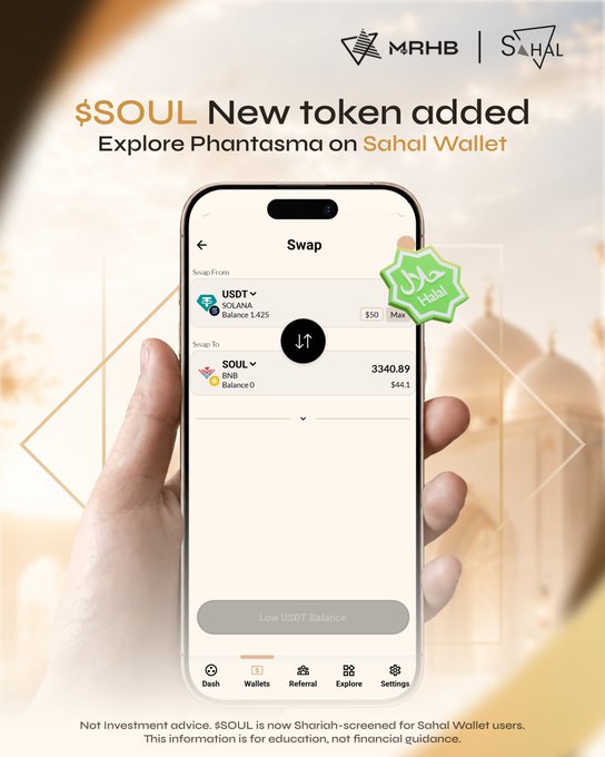 A promotional advertisement for a '$SOUL' token swap on the MRHB Sahal Wallet app, noting 'Shariah-screened' status.