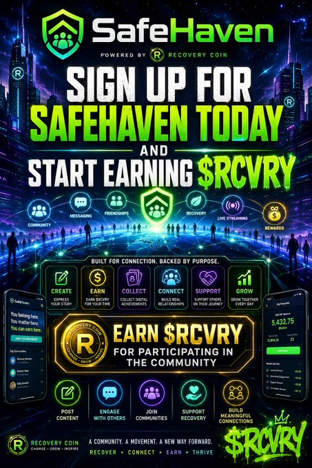 An advertisement poster for a charity fundraiser called "Sign Up For Safe Haven Today" sponsored by a company named "safe-haven.tech". The focus of this poster is on connecting with others, creating new friends, promoting recovery, providing support, contributing to the community and raising awareness about the cause. There are two phones visible in the image that could be used to help raise donations for the charity organization or spread the word about their fundraising efforts through social media platforms like Facebook. The main message of this poster is to encourage people to connect with others and contribute towards a good cause by signing up, creating awareness, and helping those in need.