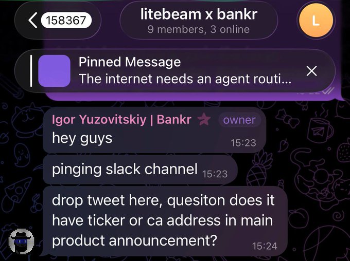 The image shows a conversation between two people, with the text displayed as follows: "Litebeam x Bankr @Litebeam_xyz member #9 members online." One person is actively typing an email response, likely discussing the current situation or event at hand.