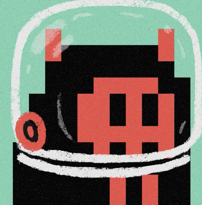 A pixel art illustration of a character with a red face and black helmet/hood against a mint green background.