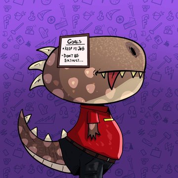 A cartoon dinosaur wearing a red shirt has a sticky note on its head with the handwritten goals: "• KEEP IT JIGGY" and "• DON'T BE EXTINCT," reinforcing the "Dino Season" giveaway theme by suggesting the character is one of the playful, prehistoric creatures being given away to lucky participants.