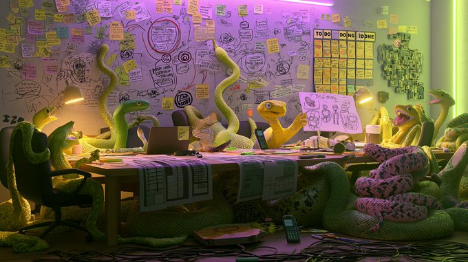 An office scene filled with snakes collaborating on laptops and papers, including a whiteboard displaying "TODO DONE DONE," depicting the chaotic teamwork behind a Zcash NFT collection launch.