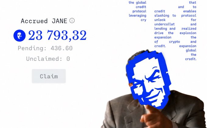 A digital dashboard shows 'Accrued JANE' tokens at '23 793,32' with a 'Claim' button, alongside a pointing man whose face is obscured by a blue stylized portrait graphic.