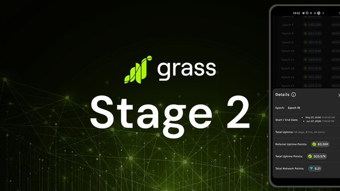 The image features an open window with the title "Grass Stage 2" displayed at the top. In this window, there's a phone showcasing various options for users, such as changing the language and adjusting other settings. A green screen with white text is also present in the image. The content of the image seems to be related to the recent development of the Grass protocol, an update or update version of an existing protocol on a mobile device platform. This information provides context about the current situation surrounding the app or platform where the image appears.