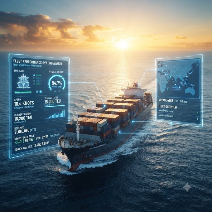 A large container ship sails on the ocean at sunset, overlaid with futuristic HUD displays showing 'FLEET PERFORMANCE: MY ENDEAVOUR' metrics like speed (18.4 knots), utilization rate (94.7%), vessel status (18,200 TEU), and revenue data.