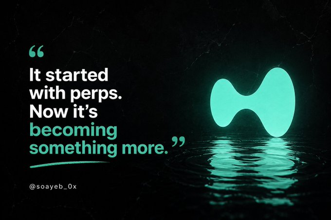 A dark graphic with a glowing teal blob logo reflecting on water, accompanied by the quote 'It started with perps. Now it's becoming something more.' and the handle '@soayeb_0x'.