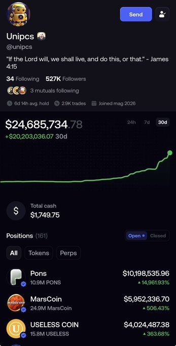 A social media profile for "Unipcs" (@unipcs) showing a James 4:15 Bible verse quote, 527K followers, and a portfolio with $24,685,734.78 in holdings including positions in Pons ($10,198,535.96), MarsCoin ($5,952,336.70), and USELESS COIN ($4,024,487.38).