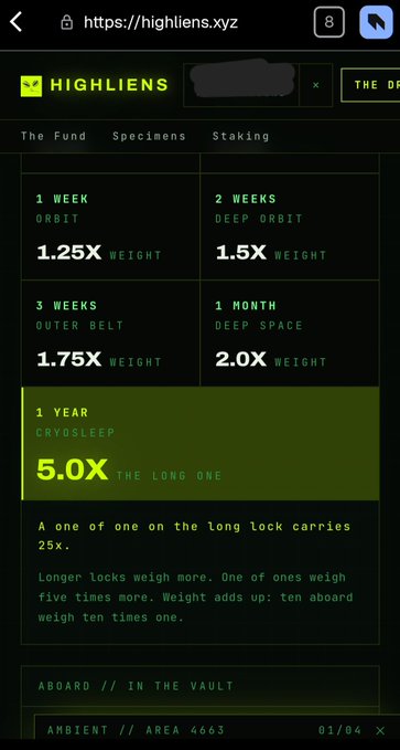A screenshot of the Highliens.xyz staking page displays lock-up durations ranging from 1 week (1.25X weight) to 1 year (5.0X "Cryosleep") for $SPCX, with the description noting that a one-of-one token locked for 1 year yields 25X, directly illustrating the post's question about compounding weights for multiple 1/1 lockups.