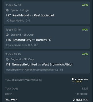 A screenshot of a Fortune Jack betting slip showing three winning sports wagers totaling 2.322 odds, which combined for a 2.5551 SOL payout on winning predictions including Real Madrid vs Real Sociedad, Bradford City vs Burnley FC, and Newcastle United vs West Bromwich Albion.