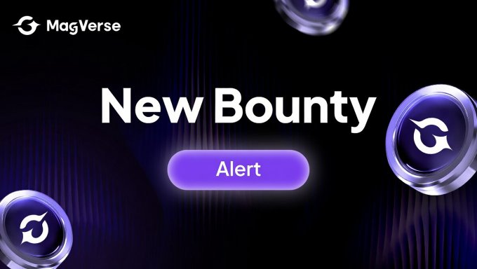 The image features a purple button with white text that reads "New Bounty" against a black background. The phrase "ALERT" is also present in the image. The main content of the image is an advertisement for MagVerse, which promotes a new bounty system and encourages users to report any suspicious activity or potential issues related to it.