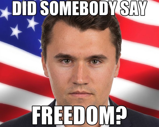 A Ben Shapiro meme with the text "DID SOMEBODY SAY FREEDOM?" against an American flag background.