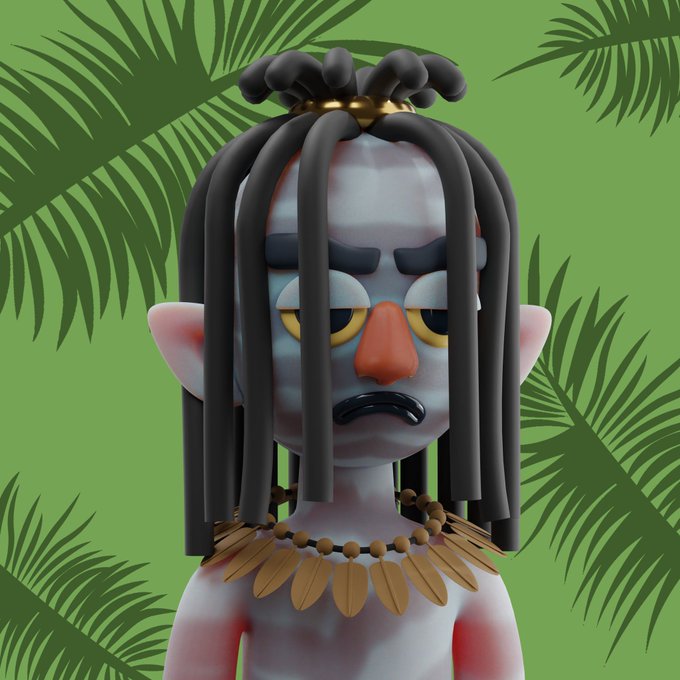 3D rendered tribal character with dreadlocks, tribal face paint, and a leaf necklace against a green tropical background with palm leaves.