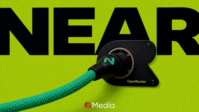 Bold black letters spelling "NEAR" appear on a bright green background, with a green braided cable plugged into a port labeled "OpenRouter" and a "Media" logo at the bottom.