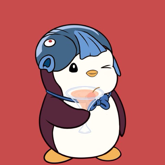The image features a cartoon penguin wearing a blue helmet, holding a glass of pink liquid (possibly a cocktail) with a straw. The background is red, which complements the overall color scheme of the image. The caption "If I'm gonna own ETH I prefer to do it in penguins" suggests that the penguin might be referring to an ethical or environmentally-friendly lifestyle choice.