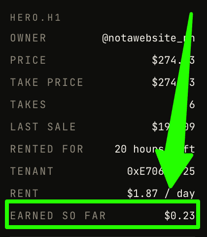The image shows NFT details for "HERO.H1" owned by @notawebsite_nft, priced at $274.63 with a rent of $1.87/day, where a green arrow highlights the "EARNED SO FAR" amount of $0.23. This visually supports the post's claim that $WEBSITE NFTs are yield-bearing assets, demonstrating real-time earnings even on a short 20-hour rental.