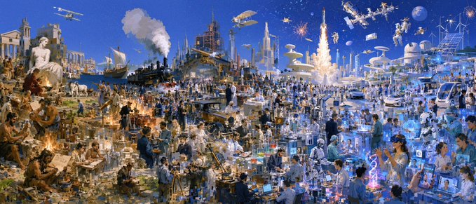 The image depicts a densely packed, surreal montage of humanity's history and future—from ancient monuments like the Sphinx and classical architecture to steam trains, rockets, flying cars, and futuristic space colonies—capturing the entire scope of civilization in one sweeping scene. It ties directly to the post about Yigit Duman's "Panorama szn 2" NFT auction, as the artwork's encyclopedic, civilization-spanning imagery exemplifies the grand panoramic style being showcased.