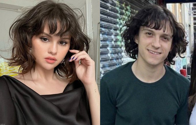 A side-by-side image showing a woman with a dark brown shaggy bob haircut on the left and a man with a similar shaggy dark hairstyle on the right.