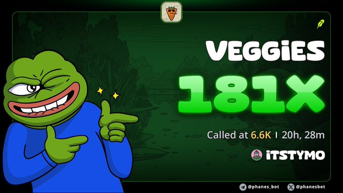 A Pepe-style cartoon frog points approvingly at a green promotional graphic displaying "$VEGGIES" with a "181X" multiplier called at "6.6K | 20h, 28m" by "ITSTYMO," celebrating the token's recent milestone of breaking 1M market cap as mentioned in the post.