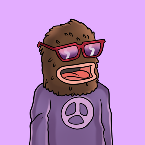 A digital cartoon drawing of a furry brown character wearing red sunglasses and a purple shirt featuring a pink three-holed circular logo, set against a light purple background.