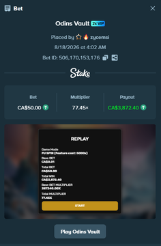 A Stake.com screenshot shows the "Odins Vault" (2x VIP) slot game by @zydomli, featuring a C$550.00 bet on a replay that landed a Frac multiplier of 5000x for a C$3,872.40 payout, illustrating the user's claim of turning C$50 into C$3,872 on their 11th nonce.