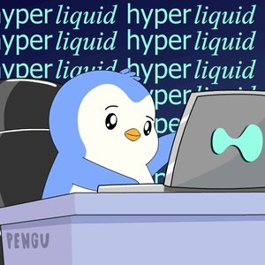 The image features a cartoon penguin sitting at a desk, using a laptop computer. The penguin appears to be working or browsing the internet while seated comfortably at the desk. The background of the image is filled with text that reads "HYPERLiquid HYPERLiquid HYPERLiquid HYPERLiquid HYPERLiquid HYPERLiquid HYPERLiquid HYPERLiquid HYPERLliquid HYPERLiquid HYPERLiquid HYPERLLiquid HYPERL Liquid Liquid Liquid Liquid Liquid Liquid Liquid Liquid Liquid Liquid Liquid Liquid Liquid Liquid Liquid Liquid Liquid Liquid Liquid Liquid Liquid Liquid Liquid Liquid Liquid Liquid Liquid Liquid Liquid Liquid Liquid