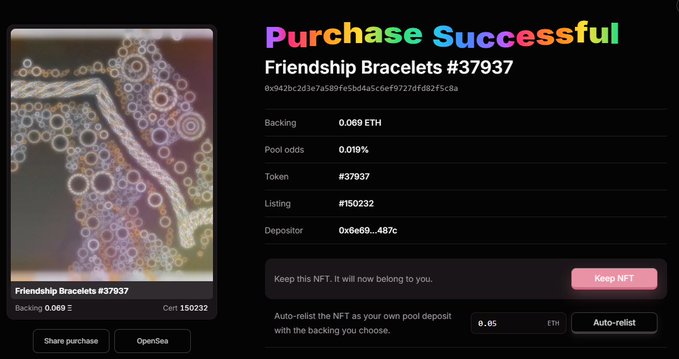 A 'Purchase Successful' screen for an NFT titled 'Friendship Bracelets #37937', showing a backing of 0.069 ETH, Token #37937, Cert: 150232, and Depositor 0x6e69...487c, with options to 'Keep NFT' or 'Auto-relist'.