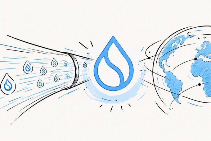 A hand-drawn illustration showing water droplets flowing through a pipe on the left, a large central blue water drop logo, and a globe with connecting lines on the right.