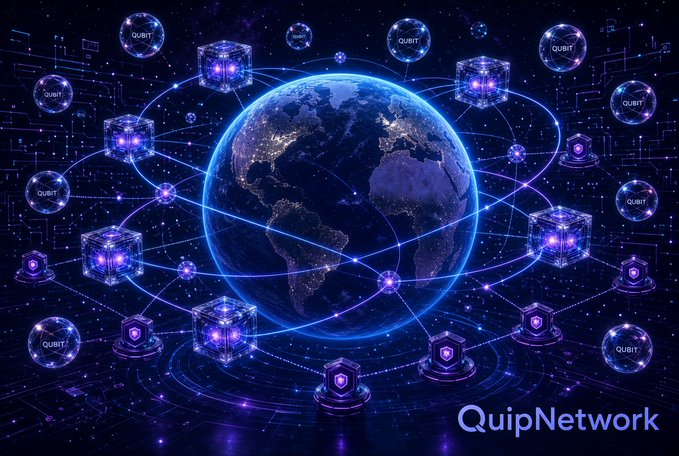 A digital artwork showing Earth surrounded by glowing blue quantum nodes and shields, with the text 'QUBIT' and 'QuipNetwork' visible.