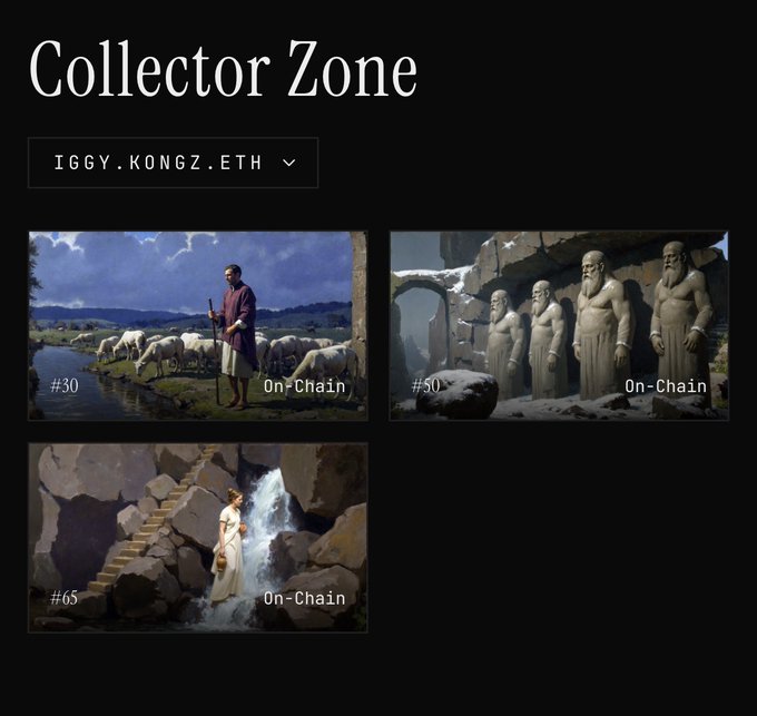 The same 'Collector Zone' page for IGGY.KONGZ.ETH showing NFT artworks #30, #50, and #65 tagged as On-Chain.