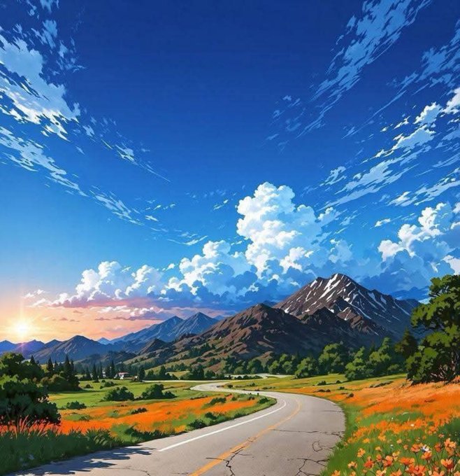 Vibrant anime-style landscape illustration featuring a winding road through green and orange fields, snow-capped mountains, and a dramatic blue sky with sunbeams.