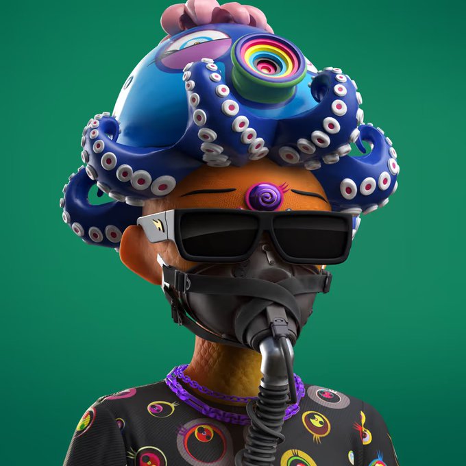 A 3D-rendered character wearing black sunglasses, a black face mask with a hose, and a black shirt with colorful circular patterns has large, dark blue octopus tentacles with suction cups growing out of its head against a green background.