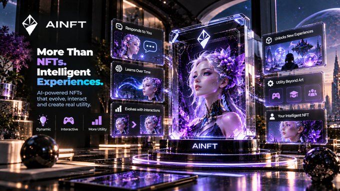 A promotional graphic for 'AINFT' featuring the text 'More Than NFTs. Intelligent Experiences. AI-powered NFTs that evolve, interact and create real utility,' alongside feature icons like 'Dynamic,' 'Interactive,' and 'More Utility,' displayed around a central 3D rendering of a digital character.