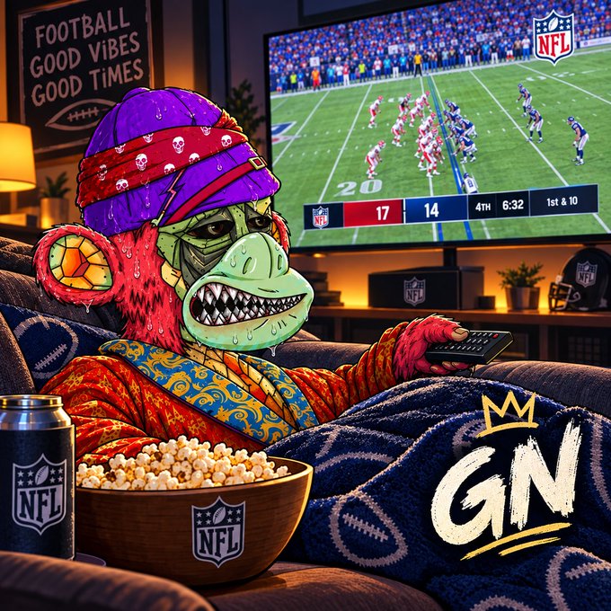 An AI-generated illustration of a red monkey-like character wearing a purple bandana and a football-themed shirt, sitting on a couch watching an NFL game on TV with a bowl of popcorn and NFL-branded can nearby.