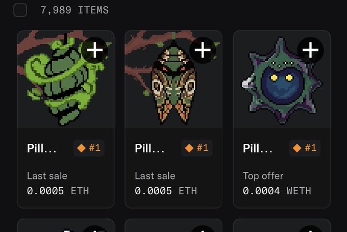A digital marketplace interface displays 7,989 NFT items, showing three "Pill..." collection pieces priced around 0.0005 ETH with "#1" diamond badges. The tweet expresses excitement about discovering these mysterious pill-themed NFTs, likely referencing the three unusual creature designs visible on the cards.