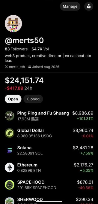 A screenshot of a crypto portfolio for user @merts50 showing a total value of $24,151.74 (down $417.89 in 24h), with holdings including Ping Ping and Fu Shuang, Global Dollar, Solana, Ethereum, SPACEHOOD, and SHERWOOD.