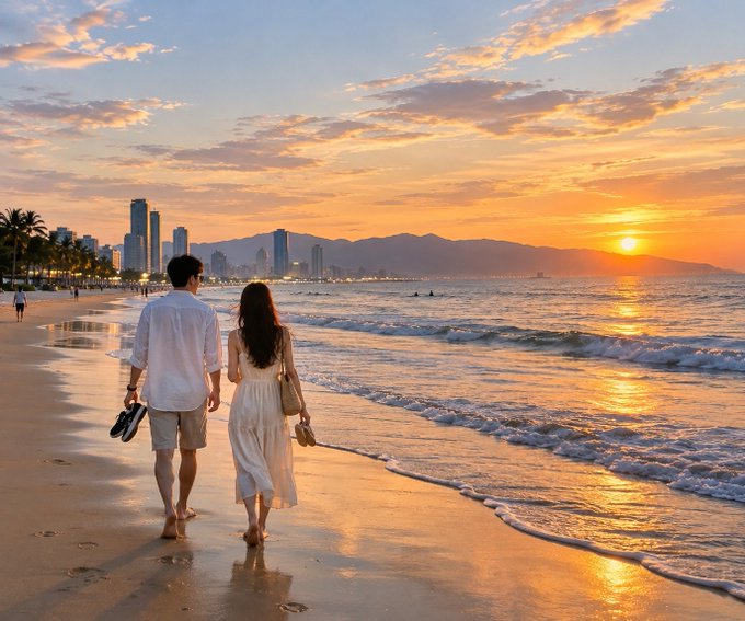 A couple walks hand-in-hand along a beach at sunset, with city skyscrapers and mountains visible in the background.