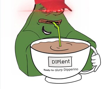 The image features a cartoon character holding a cup with coffee inside. The character has a red hat on their head and appears to be drinking from the cup, which is white and has text that reads "DIPENT" and "READY-TO-SLURP DIPPERINO". There are also some words in the image that seem unrelated to the main scene, such as "added to my bag of $APE today", "more $APE. In @mfigge we trust!!". These words might be part of a joke or a reference to an event related to the cartoon character's story.