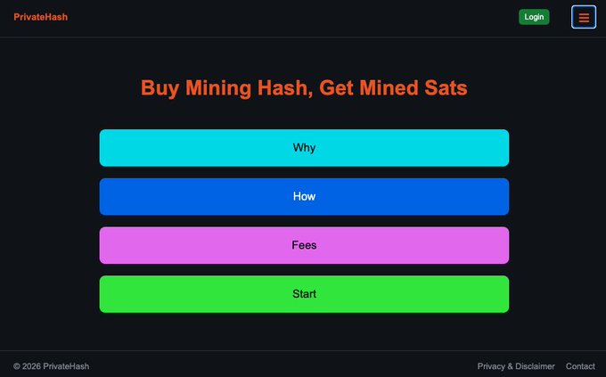 The image shows a computer screen displaying a website called "buy mining hash, get mined sats". The website offers an opportunity for users to buy mining hash, which can be used to mine cryptocurrency like Bitcoin. It also provides information on how to use the hash and the fees associated with it. There is a button labeled "start" at the bottom of the screen that allows users to initiate the mining process by entering their address. The website emphasizes the importance of KYC compliance for mining hash, ensuring that only legal and authorized individuals can participate in the mining activity.