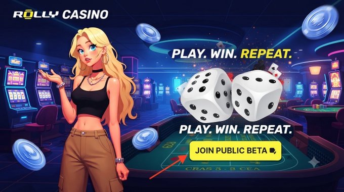 Promotional banner for "ROLLY CASINO" featuring a blonde cartoon woman in a black crop top and brown pants gesturing toward the tagline "PLAY. WIN. REPEAT." alongside large 3D dice and casino slot machines, with a "JOIN PUBLIC BETA" button being highlighted by a red arrow—visually supporting the post's announcement of Rolly's beta launch as a noncustodial crypto casino and sportsbook.