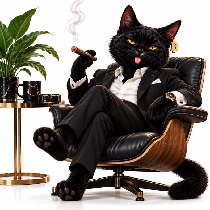 Digital illustration of an anthropomorphic black cat wearing a black suit and white shirt, smoking a cigar and wearing a Bitcoin earring while lounging in a black leather chair.
