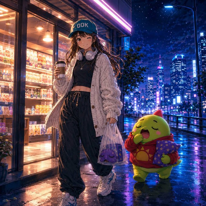 An anime-style illustration of a smiling girl wearing a teal 'OOK' cap, gray cardigan, and dark cargo pants while holding a coffee cup and shopping bag, walking alongside a cute green creature in a red hoodie on a rainy night city street.