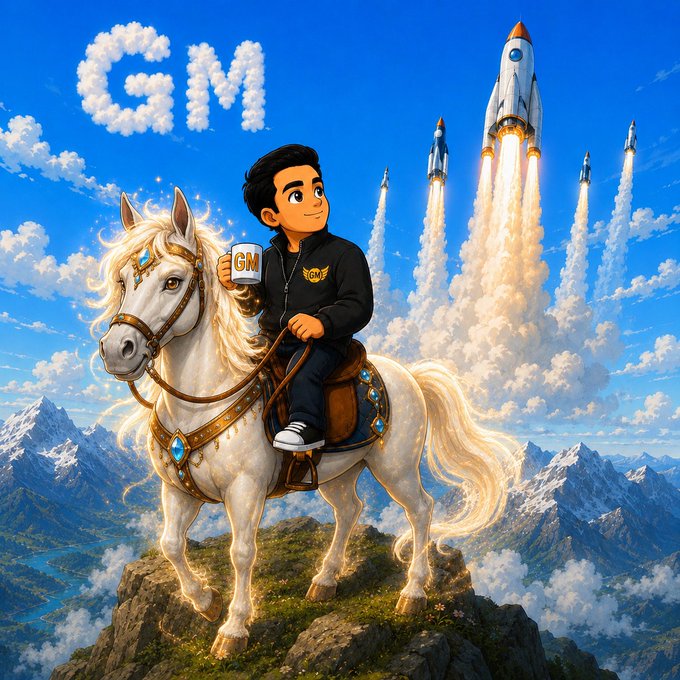 Anime-style illustration of a young man riding a majestic white horse on a mountain peak, holding a mug labeled 'GM', with rockets launching in the background and 'GM' spelled out in clouds.